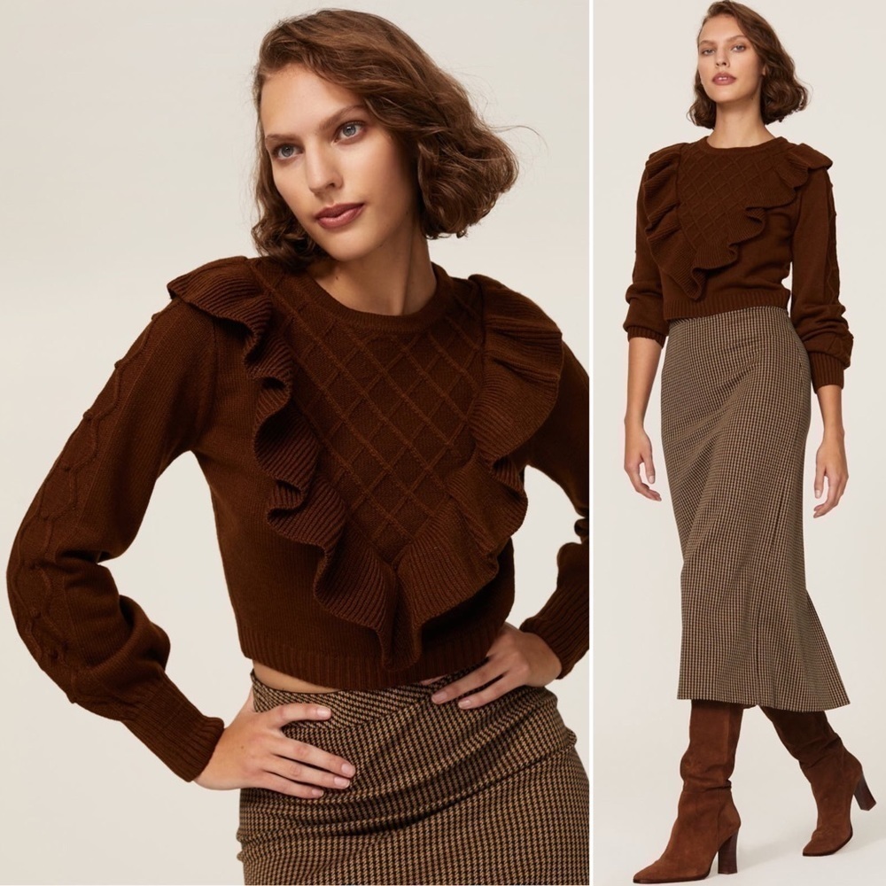 LOUNA Ruffle Trim Lattice V Front Long Puff Sleeve Dark Academia Sweater Size XS